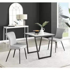 Furniturebox UK - Furniturebox Carson White Marble Effect Square Dining Table & 2 Light Grey Nora Black Leg Velvet Chairs