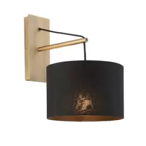 Matt Brass Wall Light & Black Cotton Fabric Shade - Hanging Wall Lamp Fitting