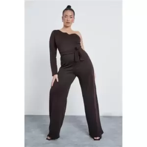 I Saw It First Chocolate Plus Size One Shoulder Scuba Wide Leg Jumpsuit - Brown