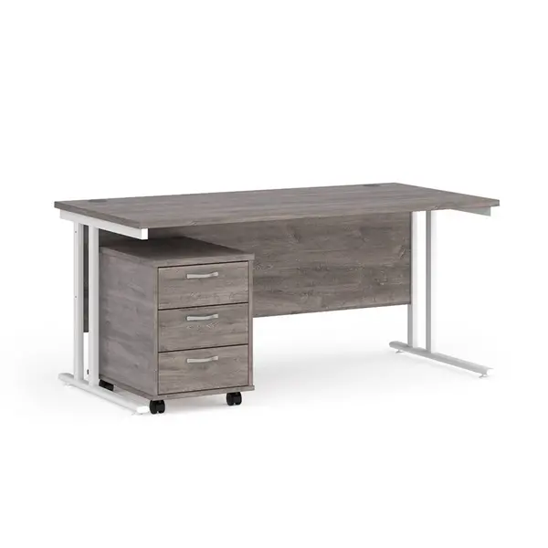 Maestro 25 Straight Desk White Frame Grey Oak Table Top and 3 Drawer Pedestal - 1600mm