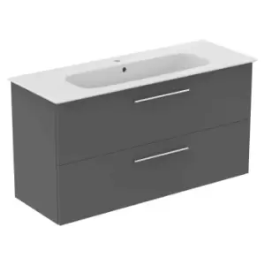 Ideal Standard I.life A 120Cm Matt Quartz Grey Wall Hung Vanity Unit, 124Cm White Vanity Basin And Chrome Handle Pack