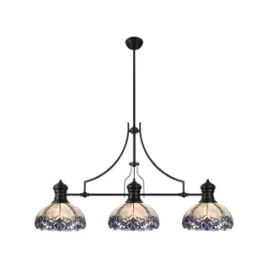 Worcester, 3 Light Linear Ceiling Pendant E27 With 30cm Tiffany Shade, Matt Black, Blue, Clear Crystal