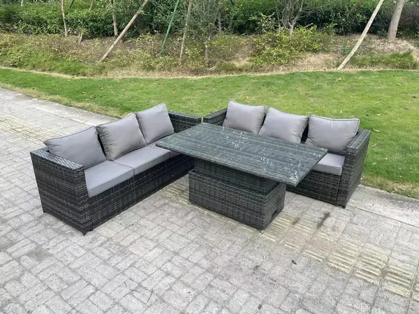 Fimous 6 Seater Outdoor Dark Grey Rattan Lounge Complete Sofa Set with Adjustable Rising Lifting Dining Table