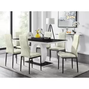 Furniturebox UK - Furniturebox Giovani 6 Black Dining Table & 6 Cream Milan Velvet Dining Chairs With Black Legs Diamond Stitch Modern Contemporary