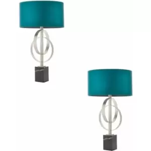 Loops - 2 pack Antique Silver Table Lamp & Teal Satin Shade Black Marble Base Desk Light