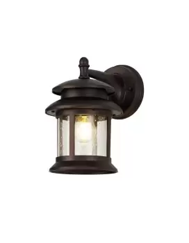 Down Round Wall Lamp, 1 x E27, IP44, Antique Bronze, Clear Seeded Glass, 2yrs Warranty