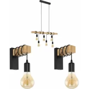 Multi Bulb Ceiling Pendant Light & 2x Matching Wall Lights Black & Wood Trendy