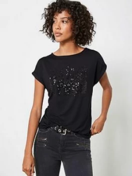 Mint Velvet Paris Sequin T-Shirt - Black, Size S, Women