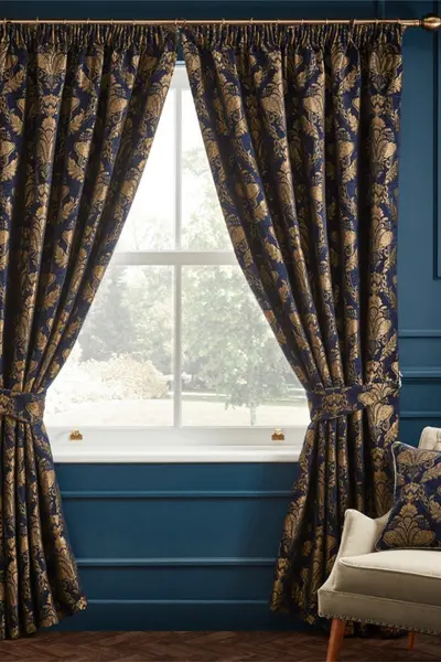 Paoletti Shiraz Traditional Jacquard Pencil Pleat Curtains Navy