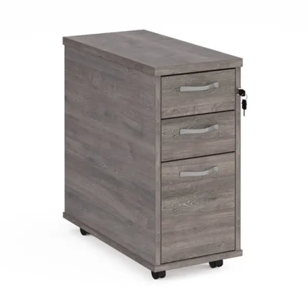 Dams Tall slimline mobile 3 drawer pedestal with silver handles 600mm deep - grey oak TNMPGO