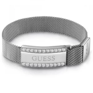 GUESS rhodium plated flat mesh bracelet with Swarovski crystal-framed logo plaque.