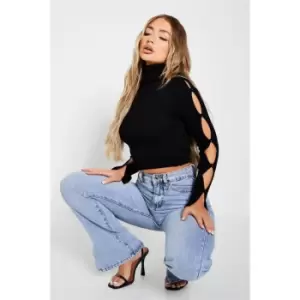 I Saw It First Roll Neck Button Up Sleeve Knit Crop Top - Black