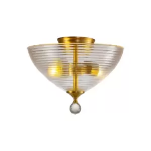 Dresden 2 Light Semi Flush Ceiling Lamp E27 With Round 33.5cm Prismatic Effect Glass Shade Satin Gold, Clear