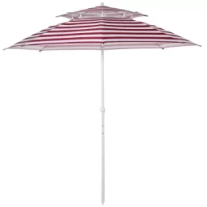 Outsunny Arc. 240cm Beach Umbrella Double-top Canopy Adjustable Height with Carry Bag for Beach Patio Garden Outdoor Red Stripe