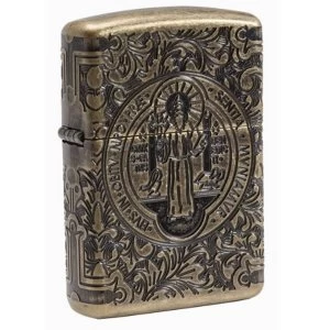 Zippo St Benedict Medal Antique Brass Finish Windproof Lighter