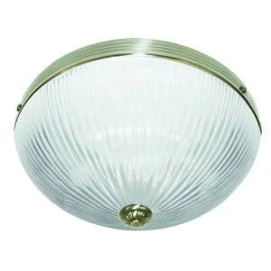 2 Light Flush Ceiling Light Antique Brass with Ribbed Glass, E27