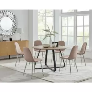 Santorini Brown Round Dining Table And 6 Cappuccino Corona Faux Leather Dining Chairs with Silver Legs Diamond Stitch - Cappuccino