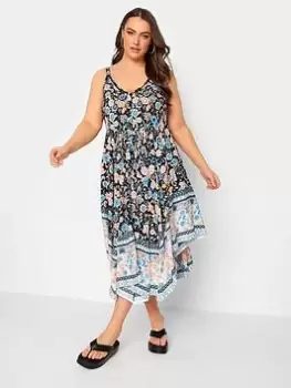 Yours Hanky Hem Dress Black Floral, Black, Size 22-24, Women