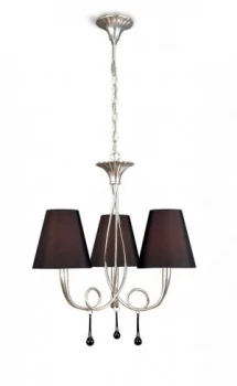 Ceiling Pendant 3 Light E14, Silver Painted with Black Shades & Black Glass Droplets