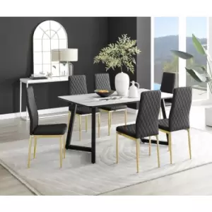 Furniturebox UK - Furniturebox Carson White Marble Effect Rectangular 160cm Dining Table & 6 Black Milan Gold Leg Faux Leather Chairs