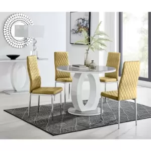 Furniturebox UK - Furniturebox Giovani Grey 100cm Round Dining Table and 4 Mustard Velvet Milan Dining Chairs With Silver Legss