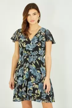 Floral Print Wrap Skater Dress In Black