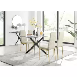 Furniturebox UK - Furniturebox Leonardo 4 Black Leg Glass Dining Table and 4 Cream Milan Velvet Dining Chairs With Gold Legs Diamond Stitch Modern