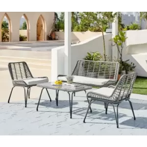 Furniturebox Lisbon Outdoor 4 Seat Grey Wicker Style PE Rattan Coffee Table And Chair Set with 2 Seater Sofa and Grey Cushions