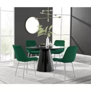 Furniturebox Palma Black Semi Gloss 120cm Round Minimalist Dining Table & 4 Green Pesaro Silver Chairs