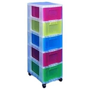 Really Useful Polypropylene 5 Drawer Storage Tower 5 x 12 Litre Ref DT1 9214 Clear with Assorted Coloured Drawers