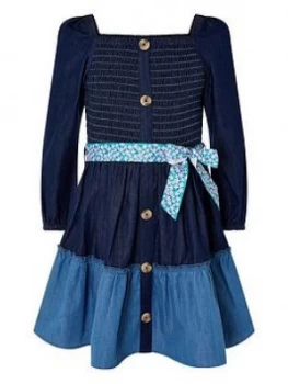 Monsoon Girls Denim Shirred Puff Sleeve Dress - Blue Size 5 Years, Women