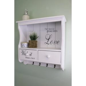 Wall Unit in White with Hooks, Drawers & Shelf