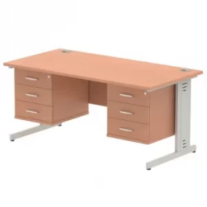 Impulse 1600 Rectangle Silver Cable Managed Leg Desk Beech 2 x 3 Drawer Fixed Ped