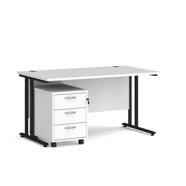 Maestro 25 Straight Desk Black Frame White Table Top and 3 Drawer Pedestal - 1400mm