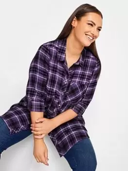 Yours Brushed Boyfriend Shirt Purple Check, Black, Size 30-32, Women