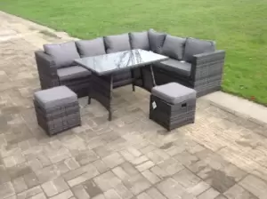 Fimous 5 Seater Outdoor Dark Grey Mixed Rattan Lounge Complete Sofa Set with Rectangular Dining Table and 2 Stools