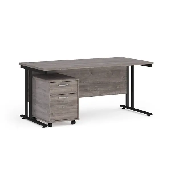 Maestro 25 Straight Desk with Black Cantilever Frame and 2 Drawer Pedestal - Grey Oak - 1600mm x 800mm