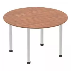 Impulse 1200mm Round Table Walnut Top Brushed Aluminium Post Leg