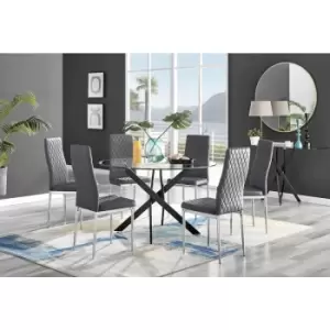 Furniturebox Novara Black Leg 120cm Round Glass Dining Table & 6 Grey Milan Velvet Dining Chairs Diamond Stitch Modern Contemporary Chrome Metal