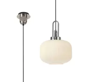 1 Light Pendant E27 With 30cm Pumpkin Shaped Ribbed Glass, Opal Polished Nickel, Matt Black