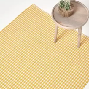 Cotton Gingham Check Rug Hand Woven Yellow White, 70 x 120cm - Yellow - Homescapes