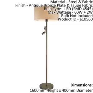 Floor Lamp Light Antique Bronze & Taupe Fabric 60W E27 & 2W LED Base & shade