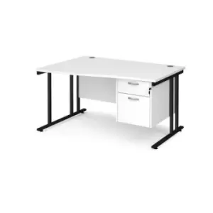 Office Desk Left Hand Wave Desk 1400mm With Pedestal White Top With Black Frame Maestro 25 MC14WLP2KWH