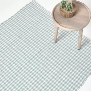 Cotton Gingham Check Rug Hand Woven Blue White, 60 x 90cm - Blue - Homescapes