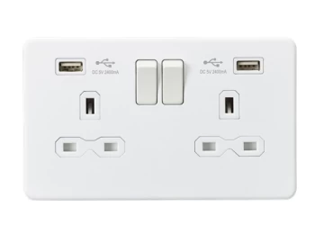 KnightsBridge 13A 2G switched socket with dual USB charger A + A (2.4A) - Matt white