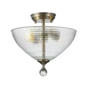 Luminosa Talisa 2 Light Semi Flush Ceiling Lamp E27 With Round 33.5cm Prismatic Effect Glass Shade Satin Nickel, Clear