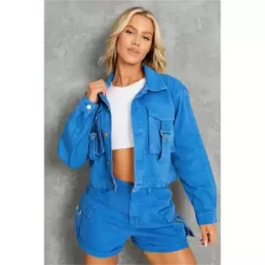 I Saw It First Cobalt Blue Cropped Cargo Denim Jacket - Blue