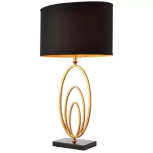 Modern Table Lamp Light Gold Loop Ring & Black Marble Square Base Round Shade