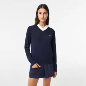 Womens Lacoste SPORT Contrast Polo Collar Golf Sweater Size 8 Navy Blue / White