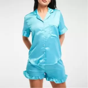 Missguided Frill Detail Satin Shirt and Shorts Pyjama Set - Blue